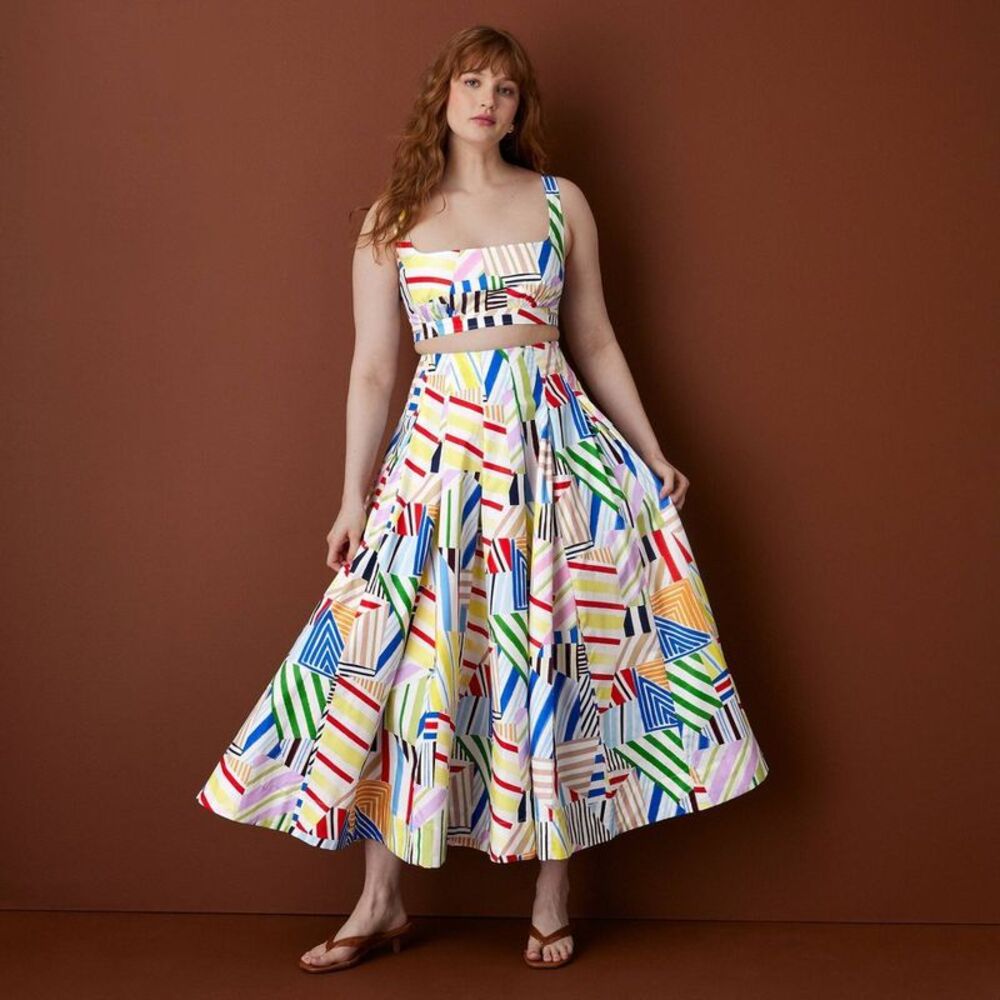 Women's Pleated Poplin Madras Midi Skirt - Multi 12 - Picture 2 of 4